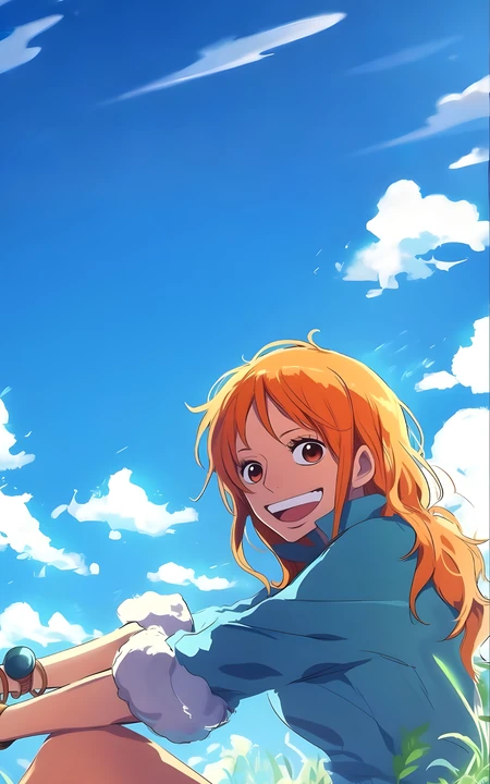 海贼王娜美晴空草地治愈动漫插画壁纸