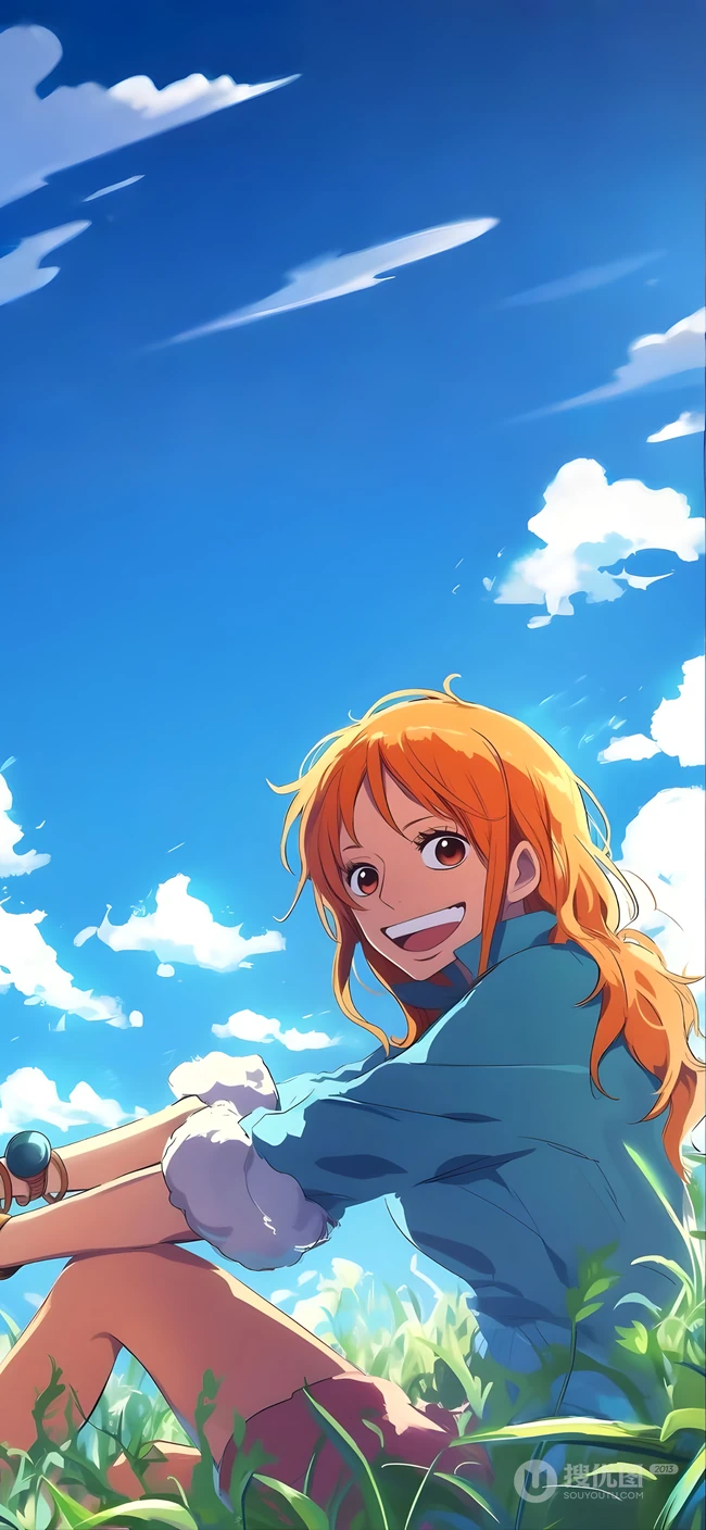 海贼王娜美晴空草地治愈动漫插画壁纸