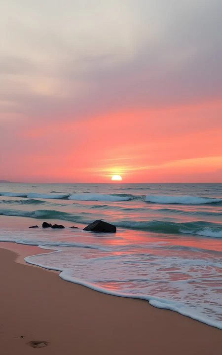 海边落日粉橘晚霞沙滩海浪自然风景