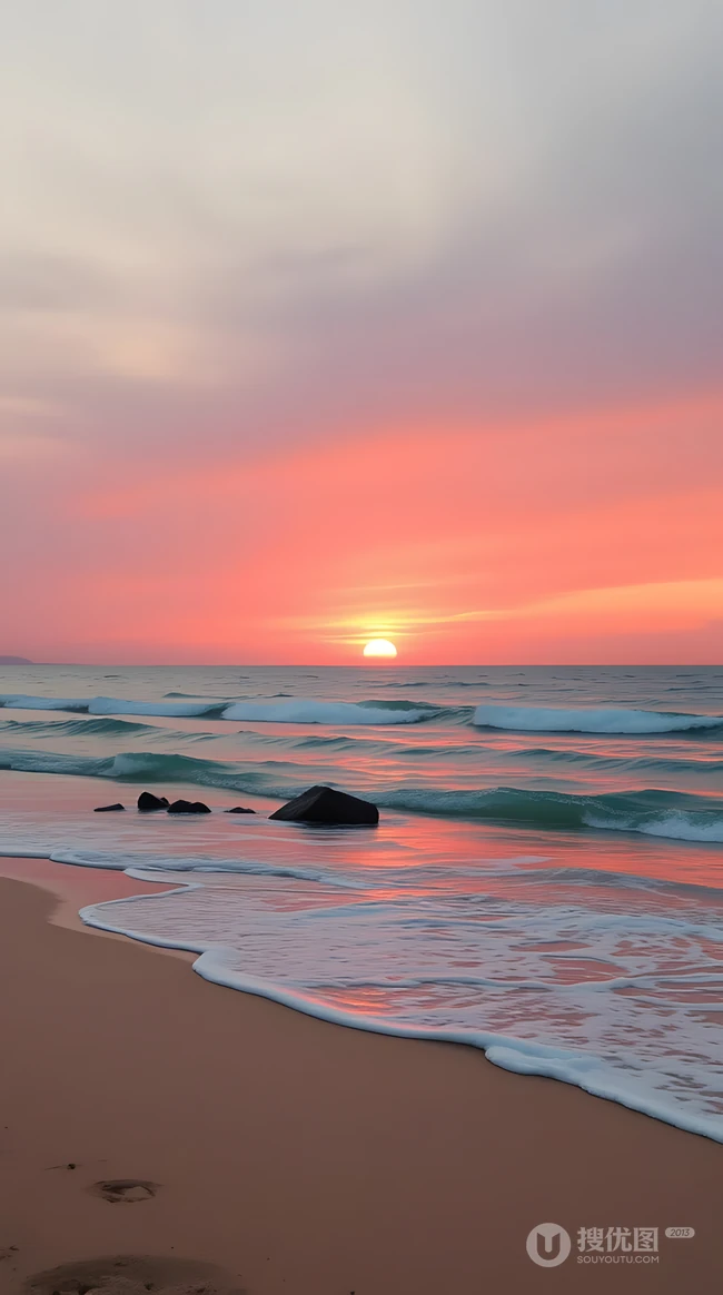 海边落日粉橘晚霞沙滩海浪自然风景