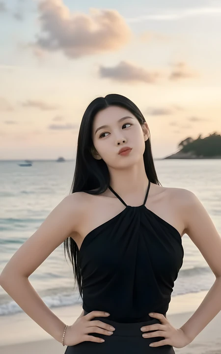 气质黑裙美女海边日落氛围感写真