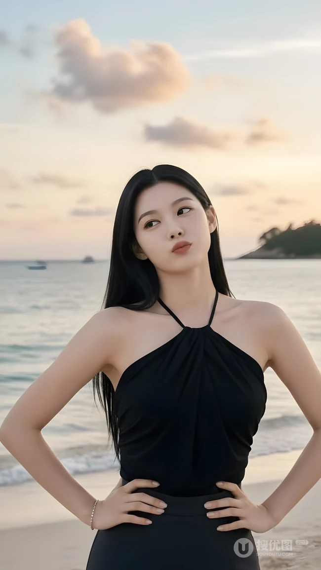 气质黑裙美女海边日落氛围感写真