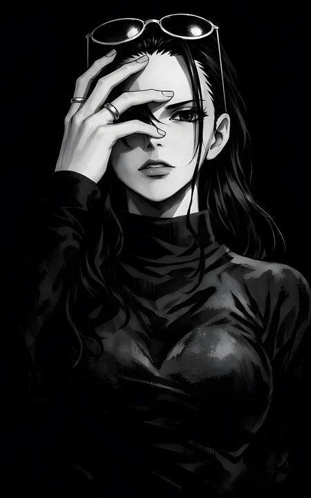 黑白风御姐动漫人物戴墨镜高领上衣插画
