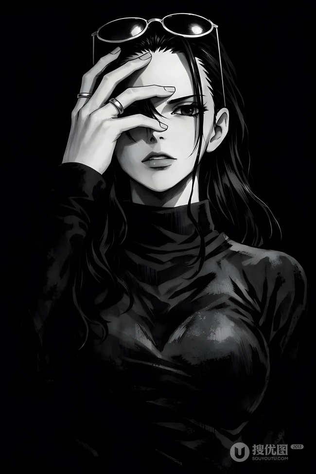 黑白风御姐动漫人物戴墨镜高领上衣插画