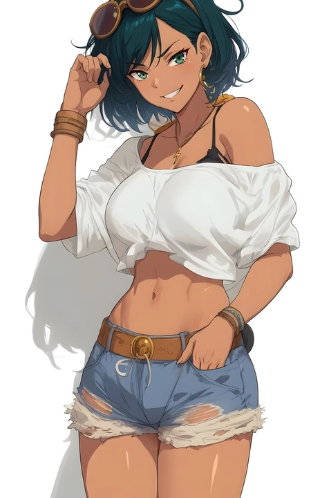 墨绿色短发小麦色肌肤动漫少女夏日休闲穿搭