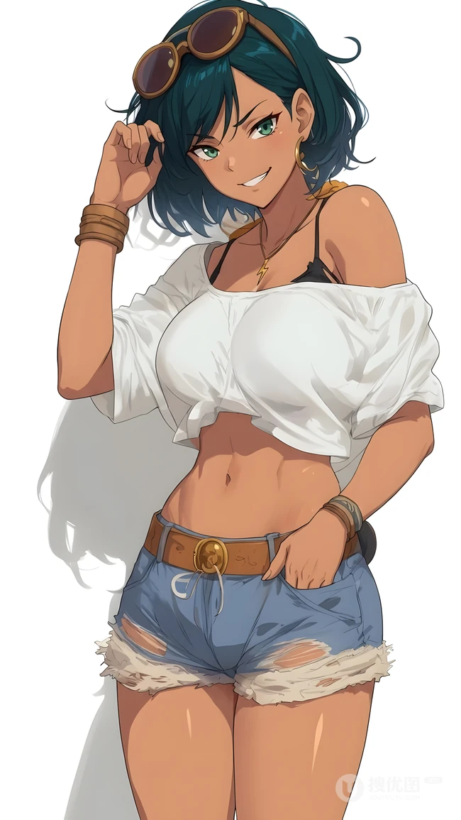 墨绿色短发小麦色肌肤动漫少女夏日休闲穿搭