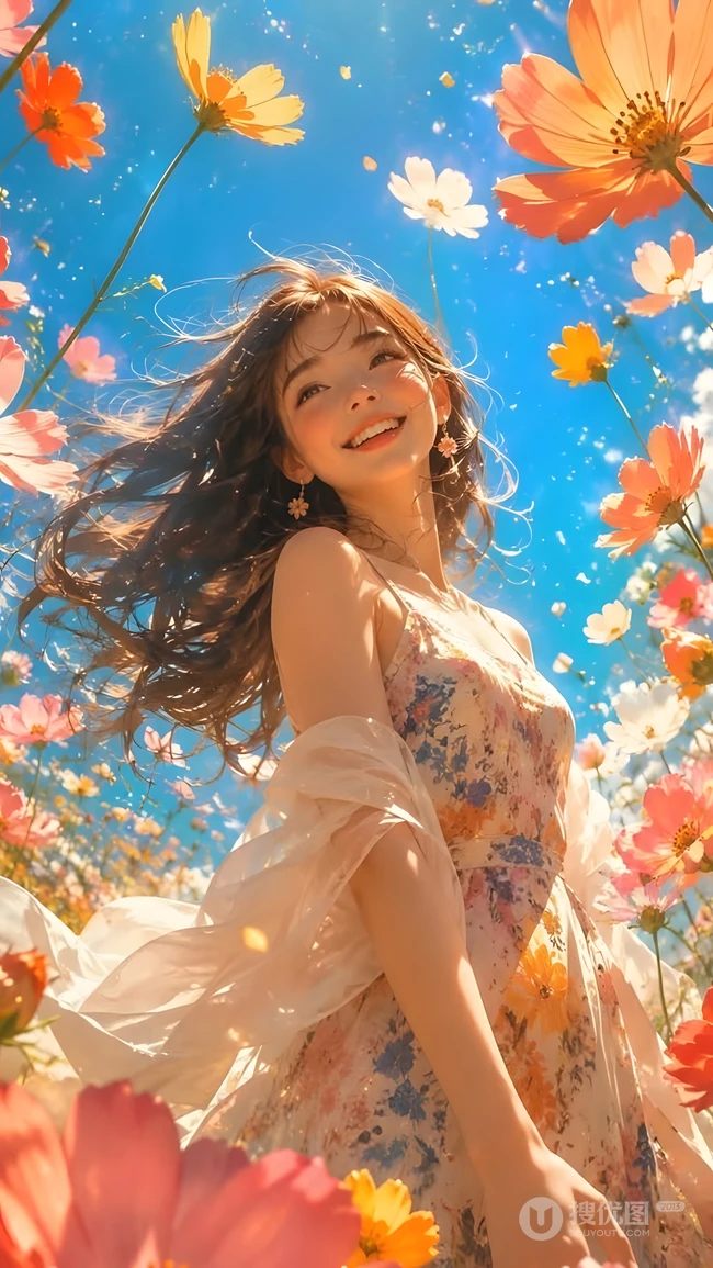 格桑花海里仰拍甜美阳光笑容少女