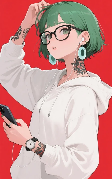 绿发戴眼镜纹身潮流动漫少女手机壁纸