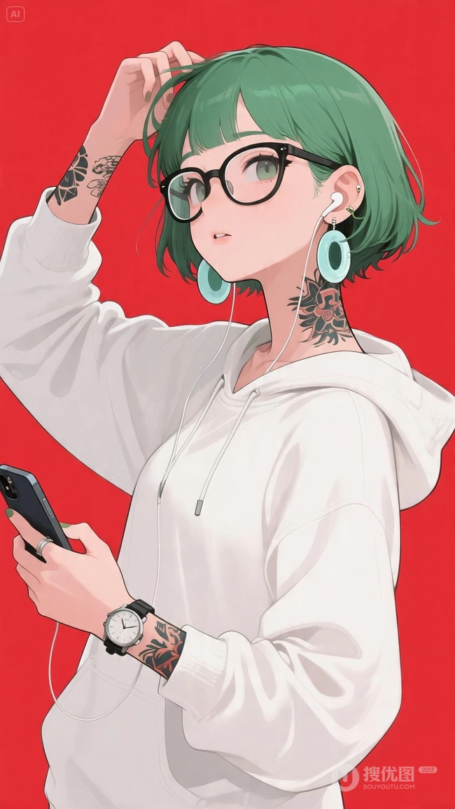 绿发戴眼镜纹身潮流动漫少女手机壁纸