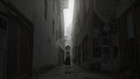 雨天窄巷中持伞的动漫少女风景壁纸