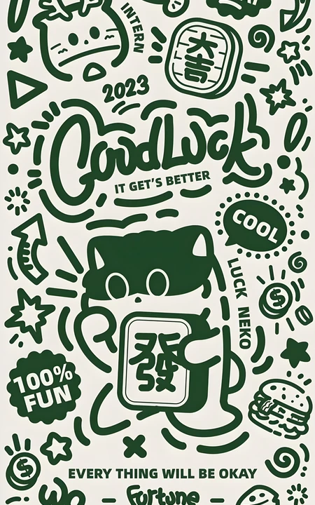 好运发财手绘涂鸦风招财猫咪创意手机壁纸