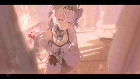 暖色光线下的粉发蓝瞳动漫少女唯美壁纸