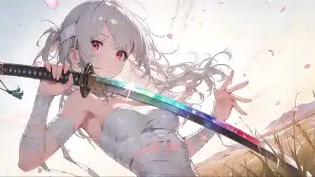 银发绷带少女持武士刀户外动漫插画