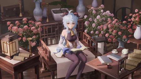 原神甘雨古风书屋阅读同人插画壁纸