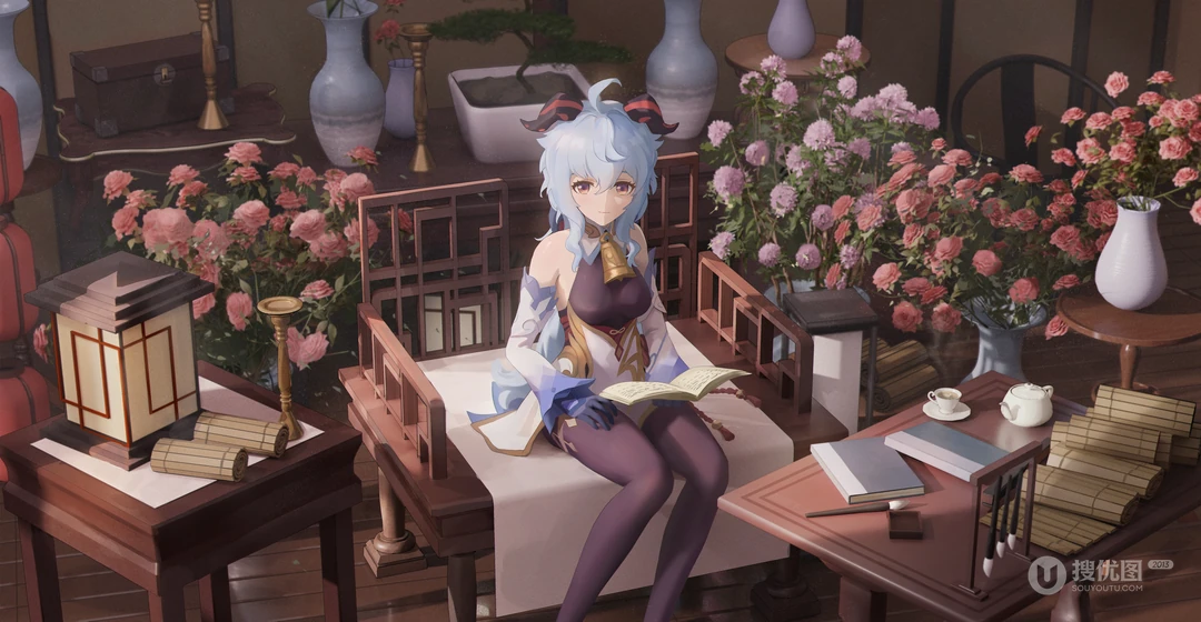 原神甘雨古风书屋阅读同人插画壁纸