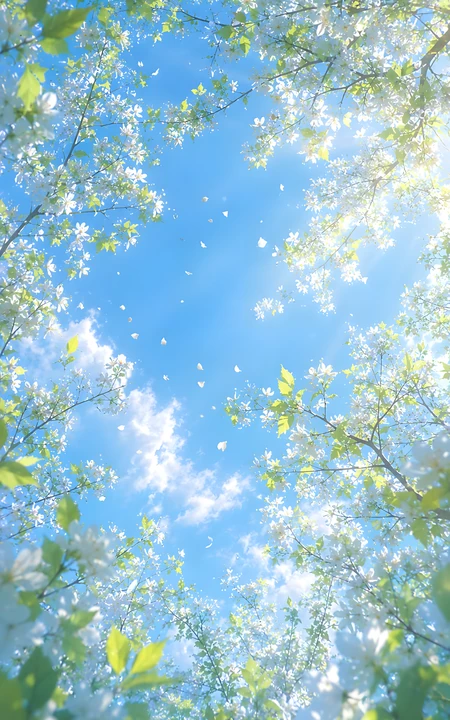春日晴空下飘落的白色花簇清新自然风景