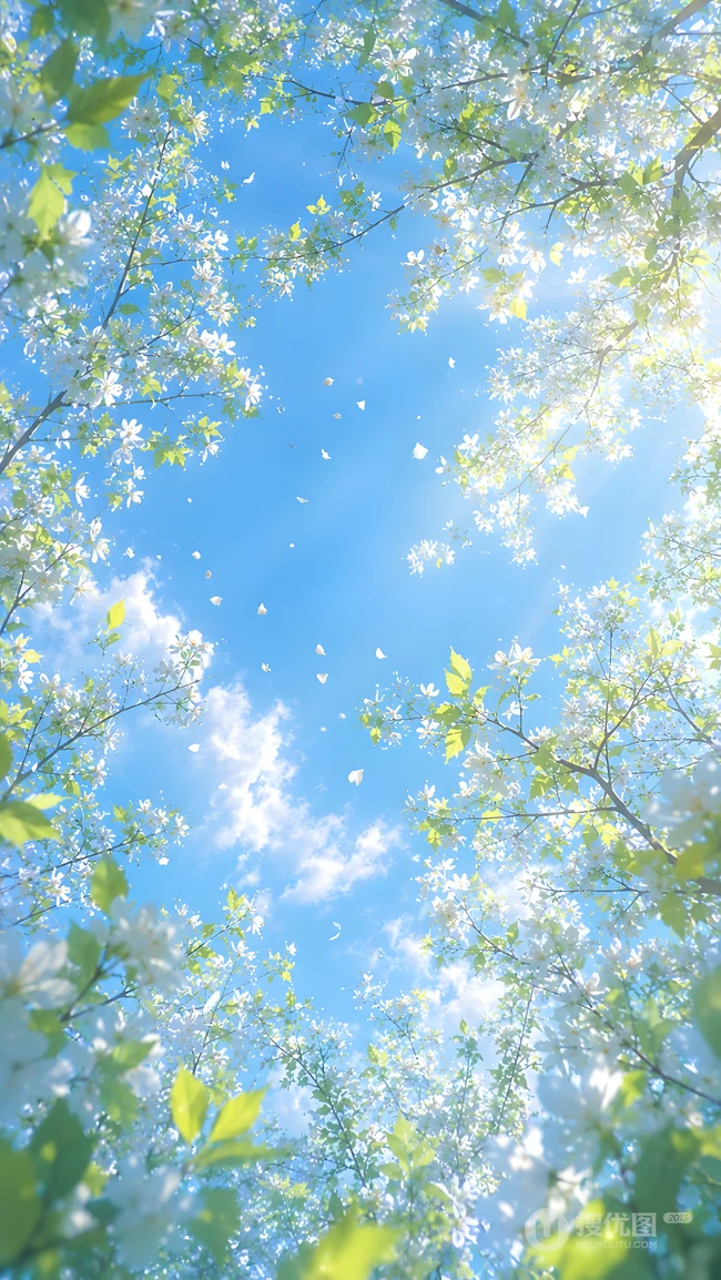 春日晴空下飘落的白色花簇清新自然风景