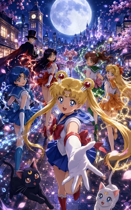 美少女战士全员月夜樱花街道唯美插画