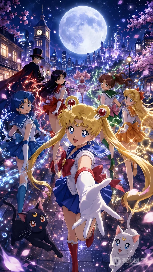 美少女战士全员月夜樱花街道唯美插画