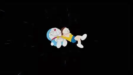 哆啦A梦与大雄星际漂浮治愈动漫插画