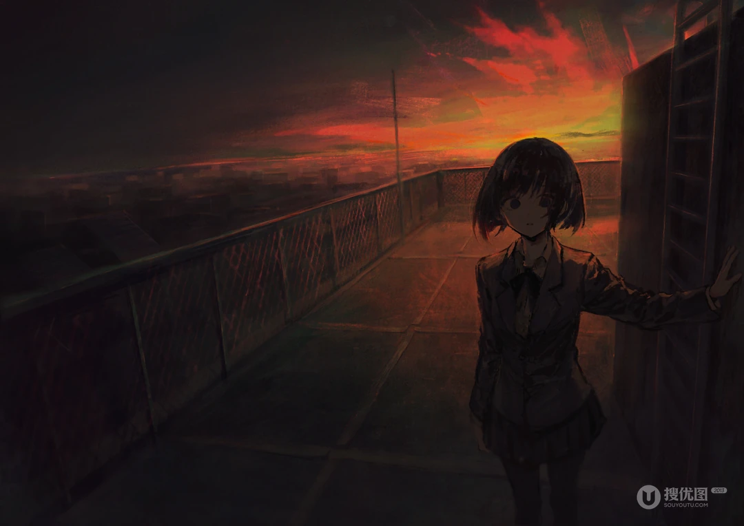 黄昏天台校服短发少女动漫插画