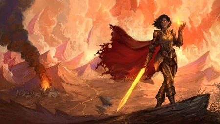 魔幻战场女战士手持光剑火焰手绘插画