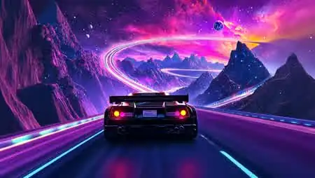 赛博朋克风跑车霓虹星空山路风景插画