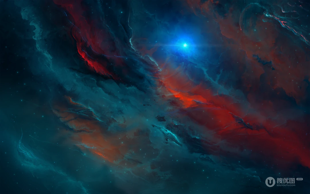 梦幻红蓝星云璀璨星空唯美背景图