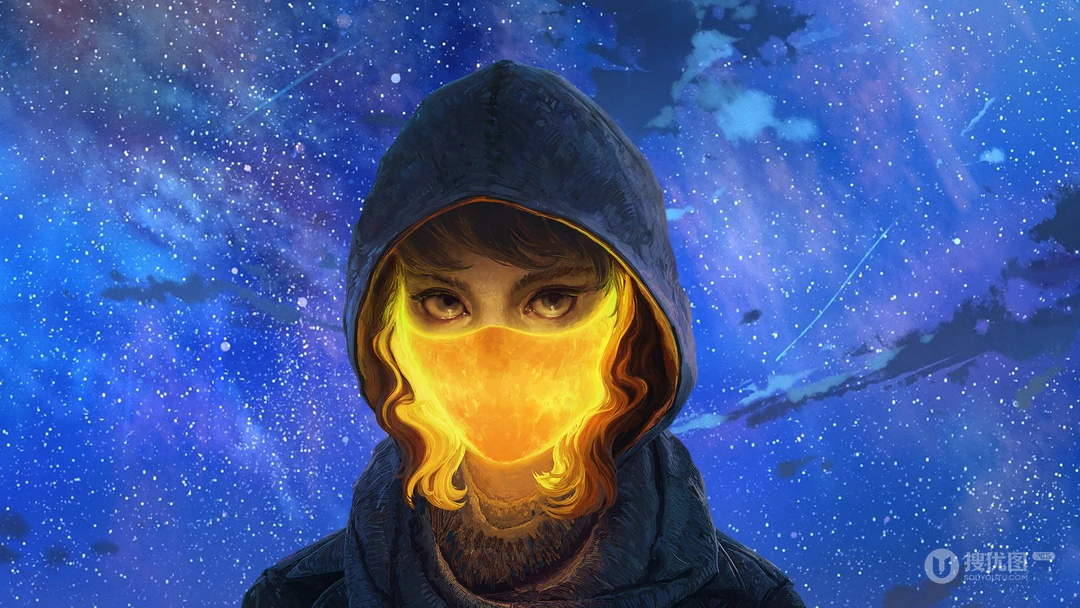星空背景下戴连帽衫蒙面发光人物插画