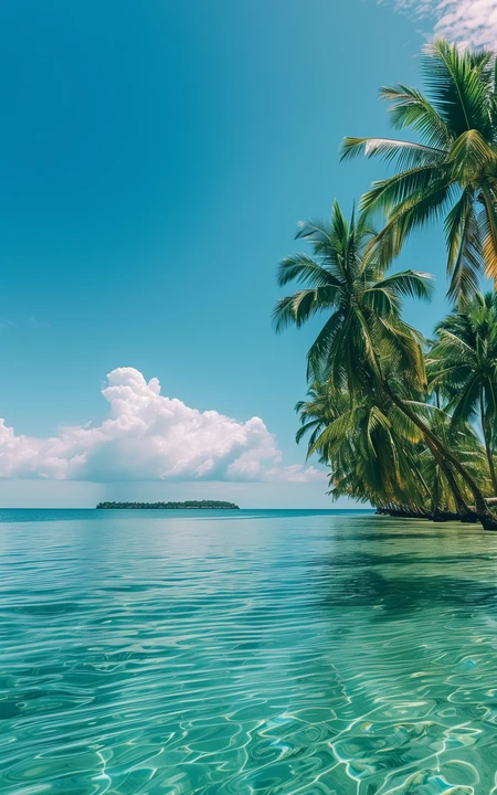 热带海滨椰林清澈海面夏日风光