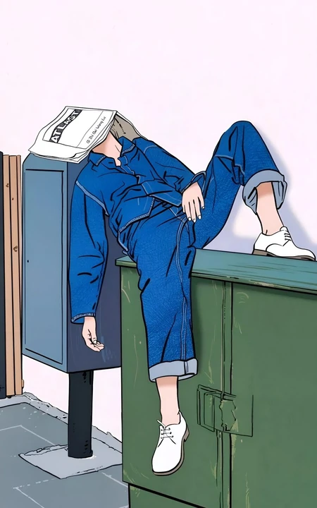 蓝衣男生报纸盖脸随性休憩插画