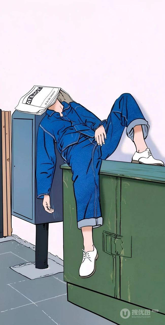 蓝衣男生报纸盖脸随性休憩插画