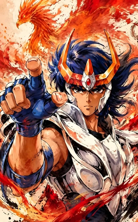 圣斗士星矢凤凰座一辉水墨风同人插画