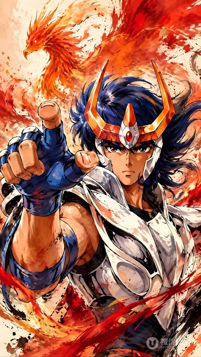 圣斗士星矢凤凰座一辉水墨风同人插画