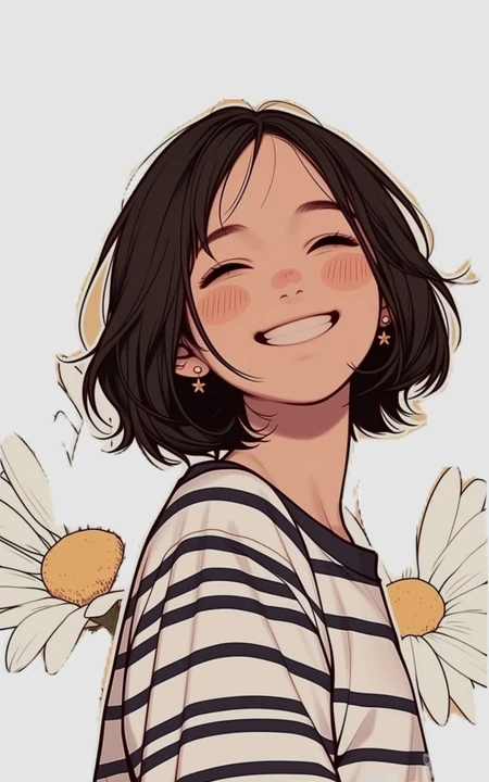 手绘短发笑容女孩雏菊元素插画
