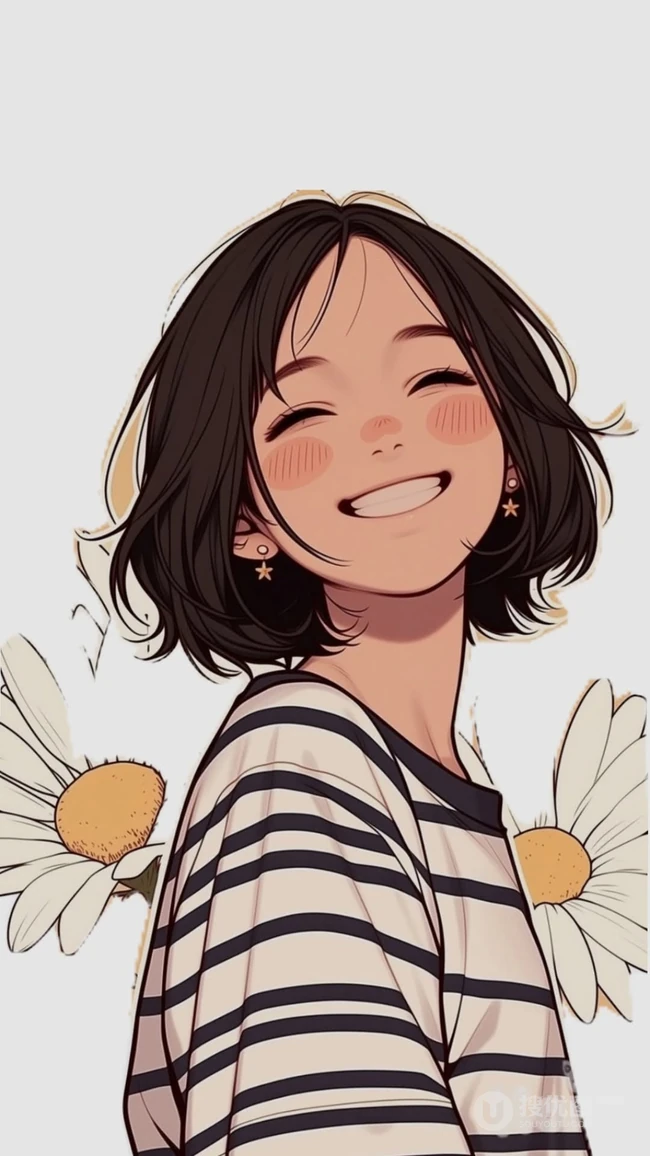 手绘短发笑容女孩雏菊元素插画