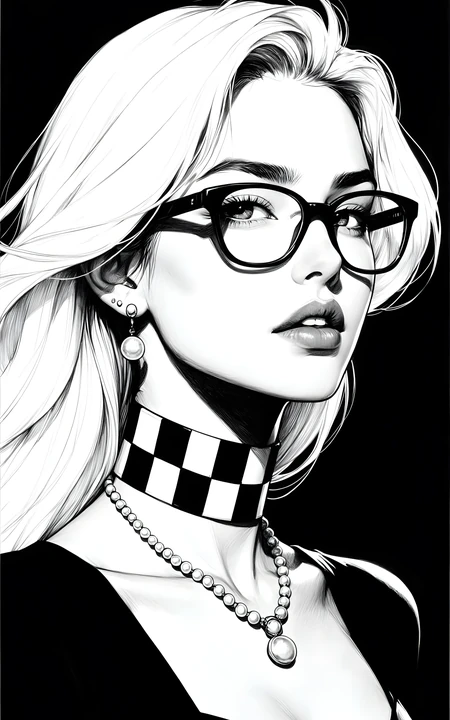 黑白风格戴眼镜时尚女性手绘插画