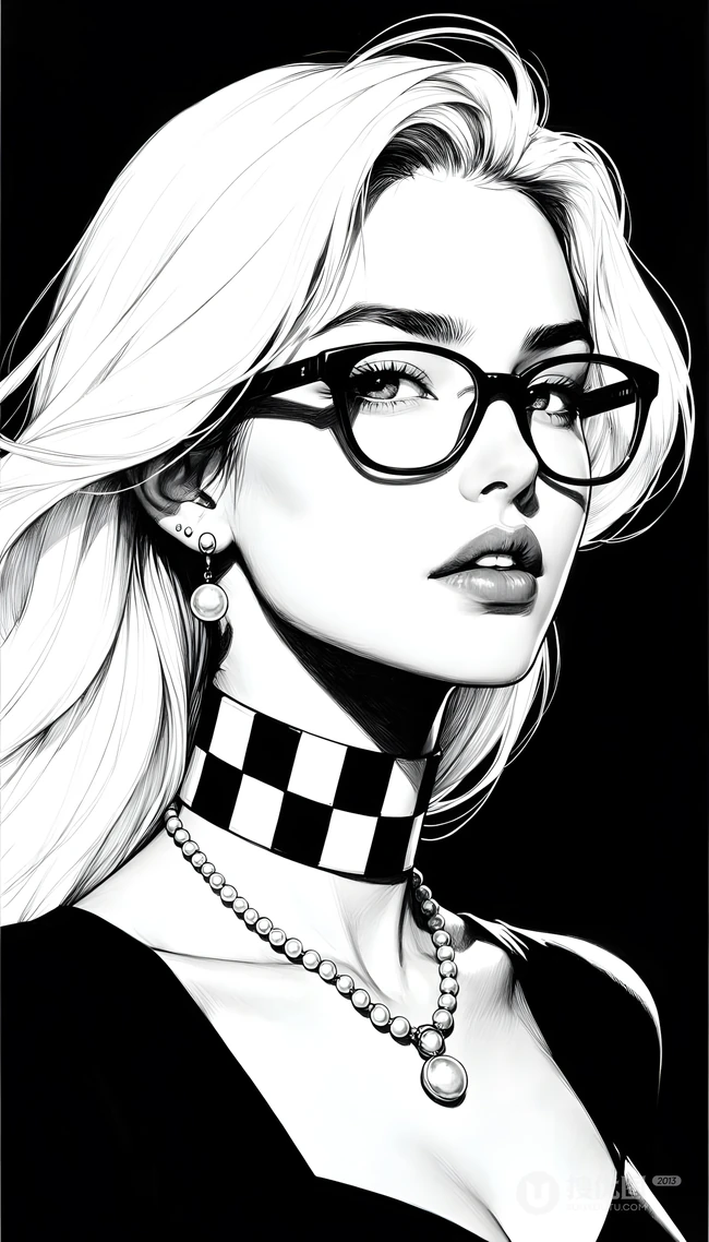 黑白风格戴眼镜时尚女性手绘插画