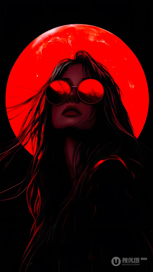 红月背景戴墨镜长发女性酷感暗黑插画
