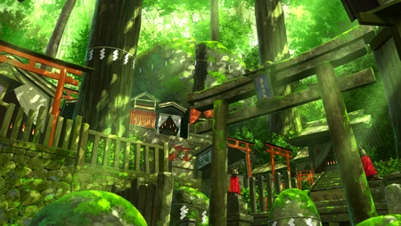 林间日式神社动漫风插画场景