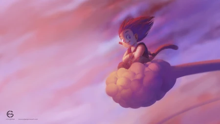 童年孙悟空坐筋斗云唯美天空插画