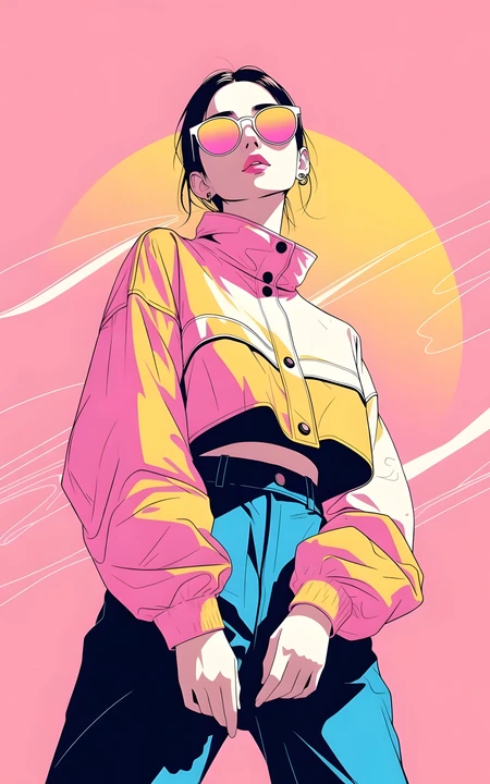 潮流甜酷女孩复古蒸汽波风格插画