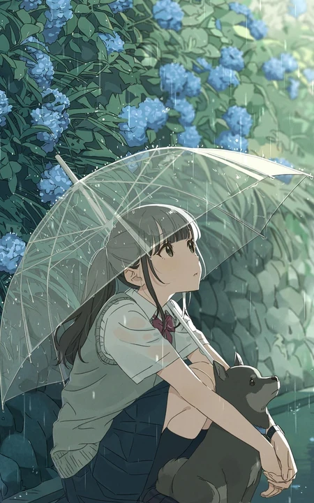 雨天撑透明伞抱小狗的动漫少女插画