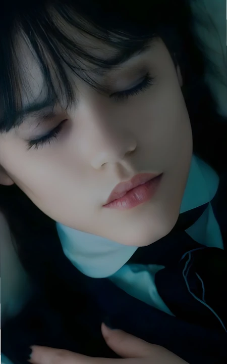 闭眼黑发少女冷调氛围感人像写真