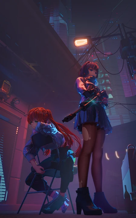 赛博朋克风双马尾少女持械插画