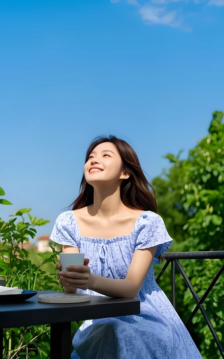 夏日蓝天户外清新少女手持白杯写真
