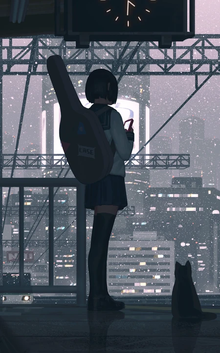 日系水手服少女与猫城市天台动漫插画