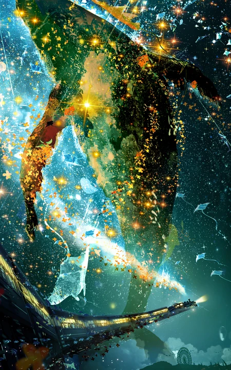 创意合成星空巨鲸与城市列车梦幻插画