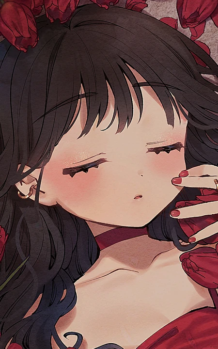 闭眼黑发红裙少女与红色郁金香动漫插画