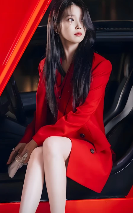 黑长发女生身着红色西装坐于红色跑车内